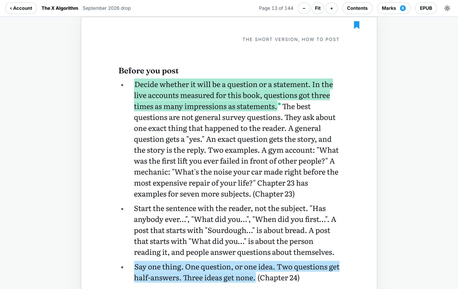 A highlighted passage in the reader